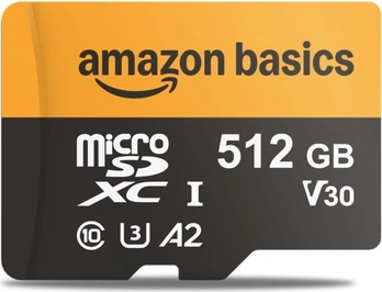 AmazonBasics High Speed R200/W150 microSDXC 512GB Kit, UHS-I U3, A2, Class 10