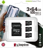 Kingston Canvas Select Plus R100 microSDXC 64GB Kit, UHS-I U1, A1, Class 10, 3er-Pack