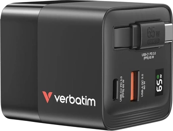 Verbatim 65W GaN charger 2 connectors з retractable cable black